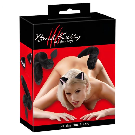 Bad Kitty pet play - sada mačacie ušká + análne dildo s mačacím chvostom - čierne (2 dielna sada)