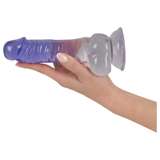 Crystal Clear - dildo so semenníkom a prísavkou - 19,5 cm (priesvitné-fialové)