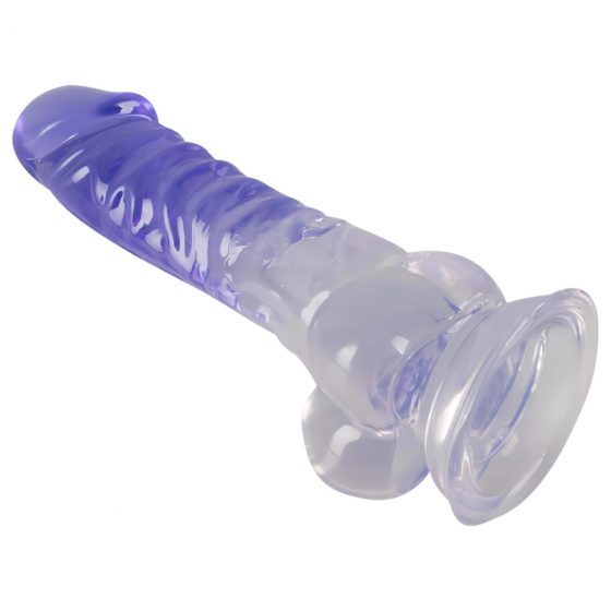 Crystal Clear - dildo so semenníkom a prísavkou - 19,5 cm (priesvitné-fialové)