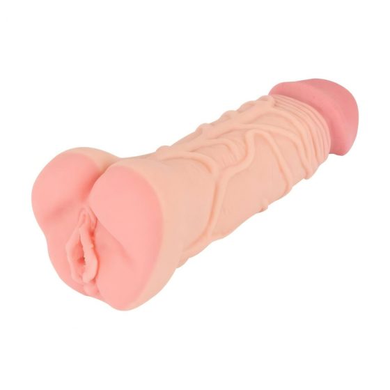 Nature Skin 2in1 Extension + Masturbator Vagina - návlek na penis a masturbátor (telová farba)