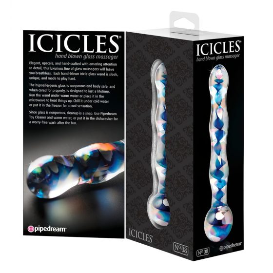 Icicles No. 08 - obojstranné sklenené dildo s vlnitým povrchom (priehľadné-modré)