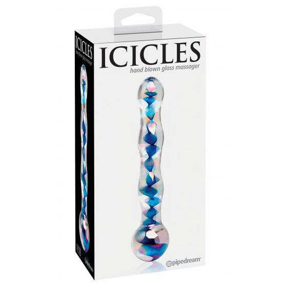 Icicles No. 08 - obojstranné sklenené dildo s vlnitým povrchom (priehľadné-modré)