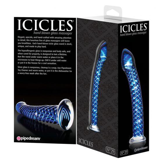 Icicles No. 29 - špirálové sklenené dildo s penisom (modré)