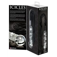   Icicles No. 38 - sklenené dildo s koženým bičíkom (priehľadné-čierne)