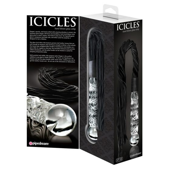 Icicles No. 38 - kožené šľahané, zvlnené sklenené dildo (priesvitno-čierne)