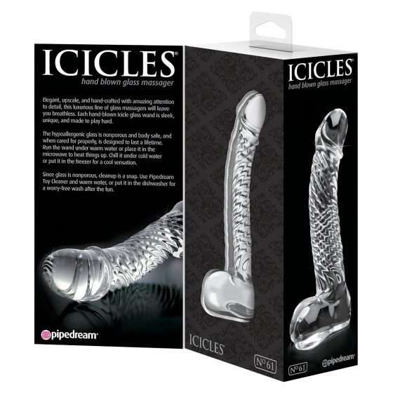 Icicles No. 61 - sklenené dildo so semenníkmi a penisom (priesvitné)