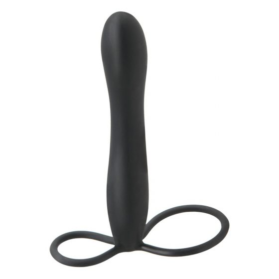 Fetish Double Trouble - krúžok na semenníky a penis s análnym dildom (čierny)