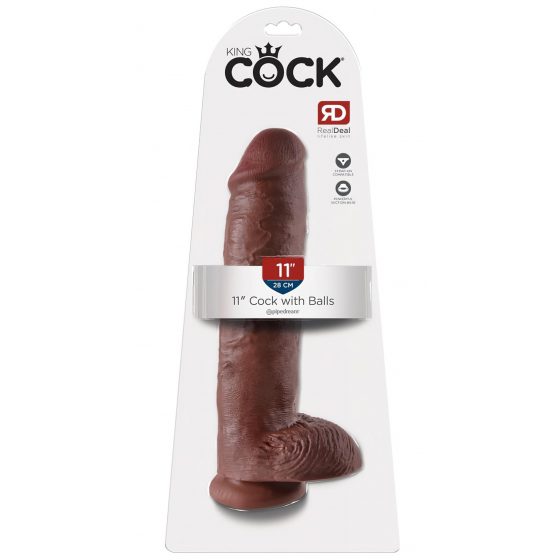 King Cock 11 - veľký dildo s prísavkou a semenníkmi (28 cm) - hnedý