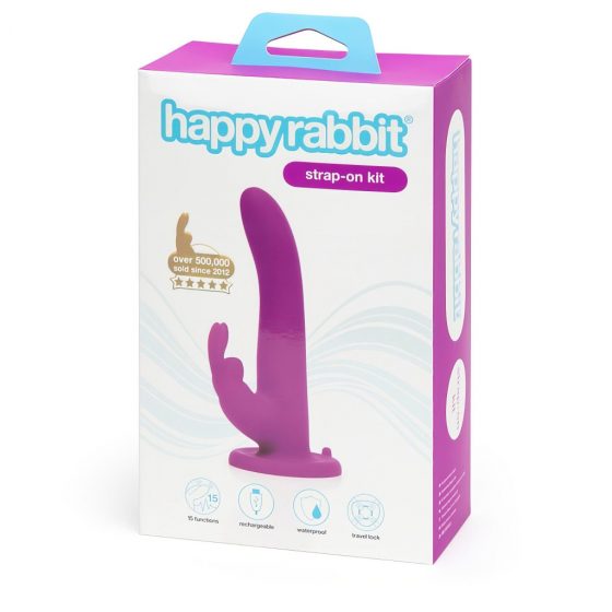 Happyrabbit Strap-On - vibračný pásik so zajačikom (fialový)