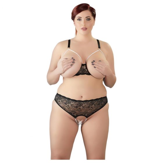 Cottelli Plus Size - čipkovaná a perleťová podprsenka (čierna)