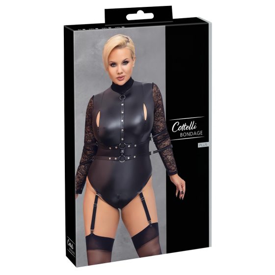 Cottelli Bondage Plus Size - body s čipkovanými rukávmi (čierny)