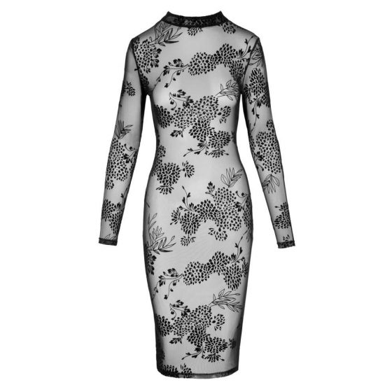 Noir - priesvitné kvetinové šaty s dlhým rukávom (čierne)