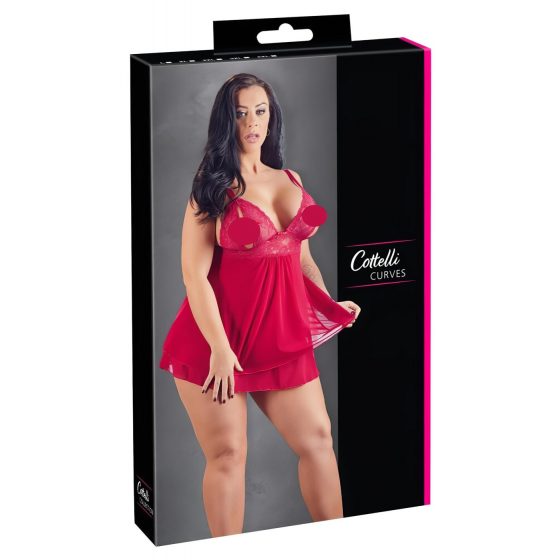 Cottelli Plus Size - čipkovaná, vzdušná babydoll košieľka (červená)