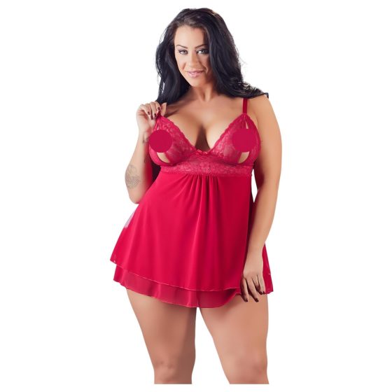 Cottelli Plus Size - čipkovaná, vzdušná babydoll košieľka (červená)