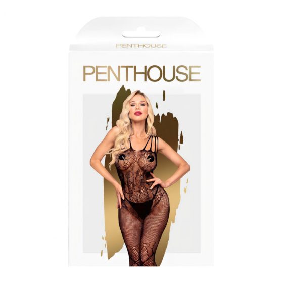 Penthouse Dirty Mind - vzorkovaný otvorený overal zo sieťoviny (čierny)