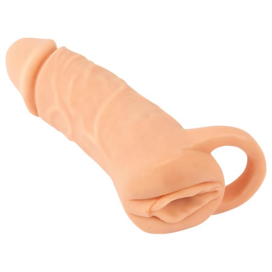 Prírodná koža - návlek na penis a vibrátor - 18 cm (prírodný)