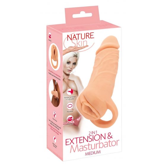 Prírodná koža - návlek na penis a vibrátor - 18 cm (prírodný)