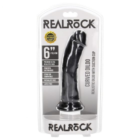 RealRock Curved - zakrivené realistické dildo s lepivými nožičkami - 15,5 cm (čierne)