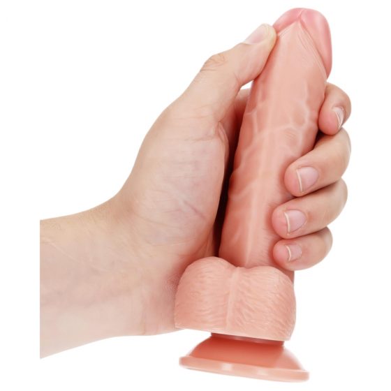 RealRock Curved - realistické dildo so svorkami a semenníkmi - 15,5 cm (prírodné)