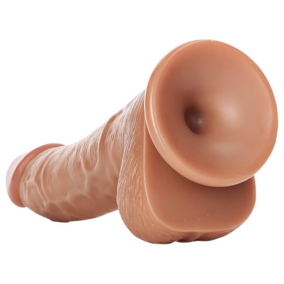 RealRock Curved - realistické dildo so svorkami a semenníkmi - 15,5 cm (tmavé prírodné)