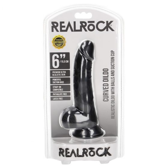 RealRock Curved - realistické dildo so svorkami na semenníky - 15,5 cm (čierne)