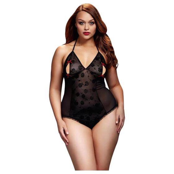 BACI Plus Size - priesvitné body s pásikom za krk - čierne (XL-XXL)