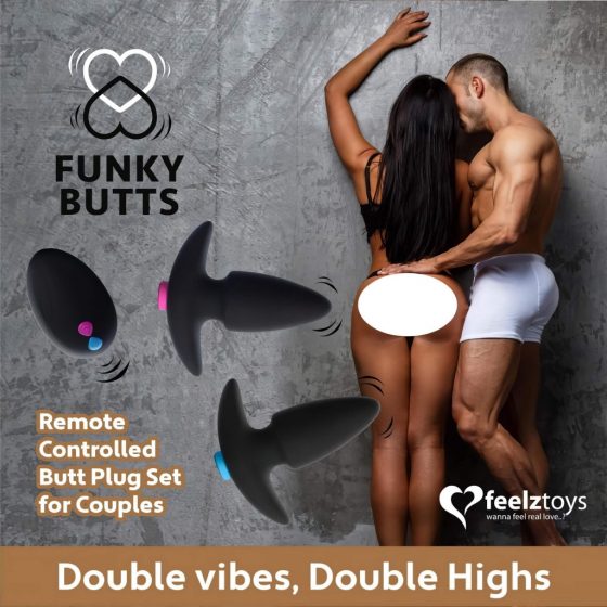 FEELZTOYS Funkybutts - súprava nabíjacích vodotesných análnych vibrátorov na diaľkové ovládanie - 2 dielna (čierna)