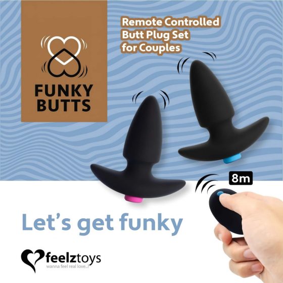 FEELZTOYS Funkybutts - súprava nabíjacích vodotesných análnych vibrátorov na diaľkové ovládanie - 2 dielna (čierna)