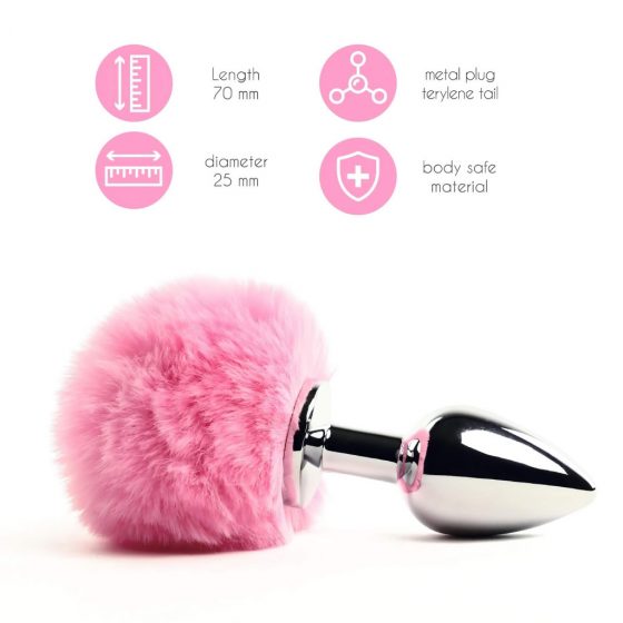 FeelzToys Bunny Tails Butt Plug - kovový análny kolík so zajačím chvostíkom (strieborno-ružový)